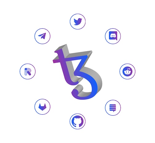 A central 3D stylized letter 'T' with a blend of purple and blue hues is surrounded by icons of popular social media and digital platforms, such as Twitter, Discord, Reddit, and GitHub, each enclosed in a blue circle.